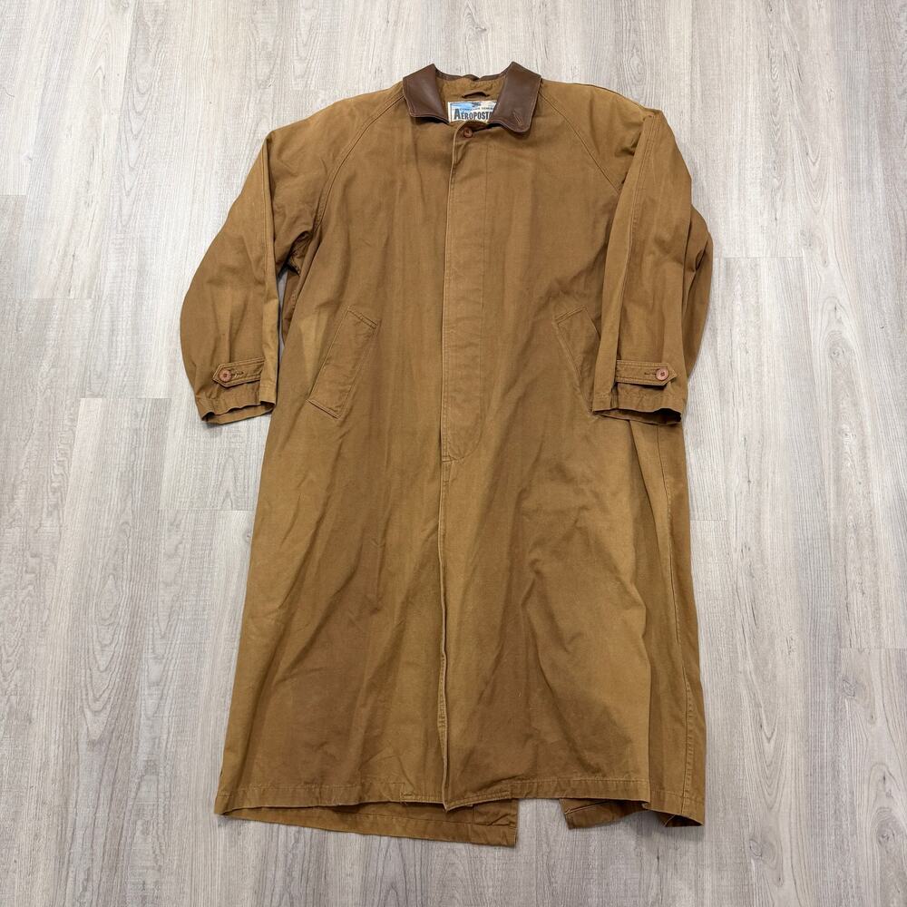 Vintage Aeropostale Chore Long Coat Extra Small Tan Overcoat 80s Leather Collar